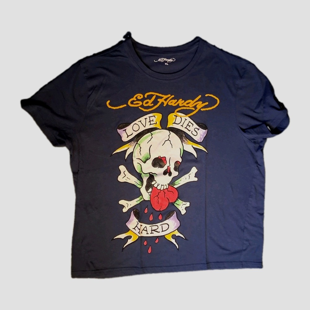 Ed Hardy T- Shirt "Love Dies Hard" Women's Size XL Graphic Blue - Picture 2 of 9